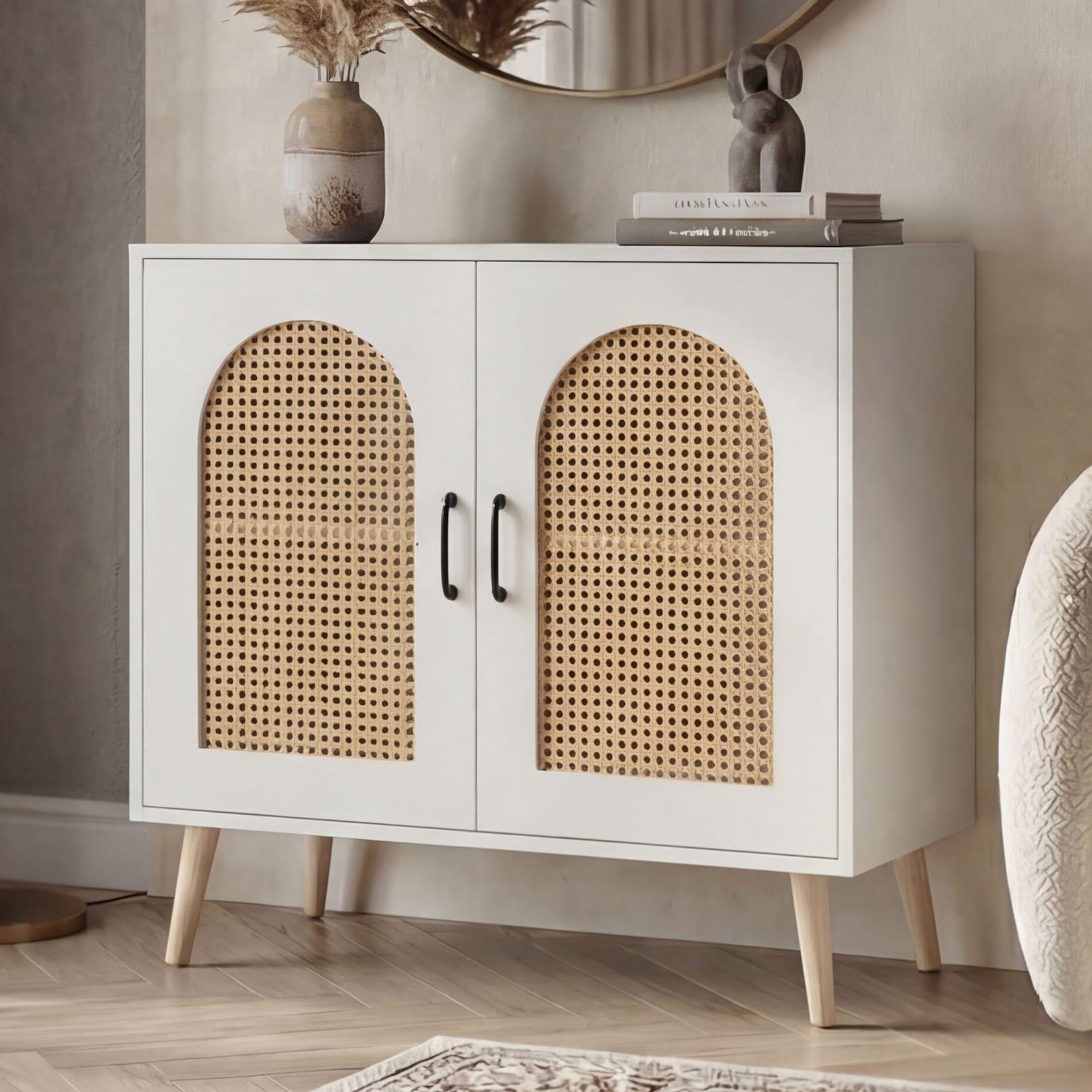 Kommode MCW-P51, Schrank mit Türen Anrichte Staufächer, Poly-Rattan MDF Melamin 79x80x40cm ~ weiß