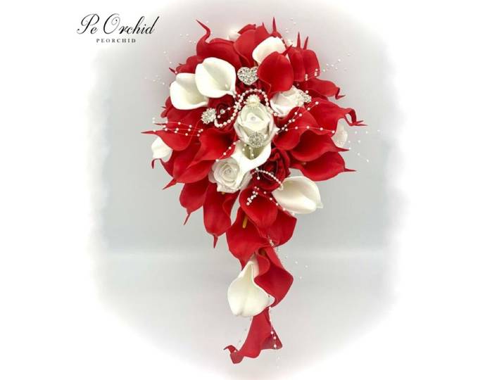 PEORCHID-Bouquet de Patients Artificiels en Forme de Goutte d'Eau, Fleur Rouge et Blanche, Calla, Lys, Rose, Perles, Broches, Cascade, Mariage, Mariées