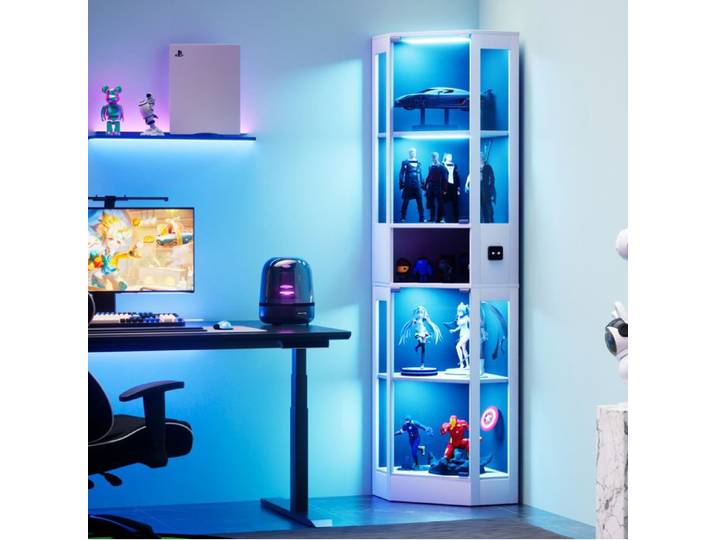 Meuble rangement vitrine en verre 5 niveaux avec LED 3 couleurs capteur intelligent blanc 57x40x165 cm ORVRYN