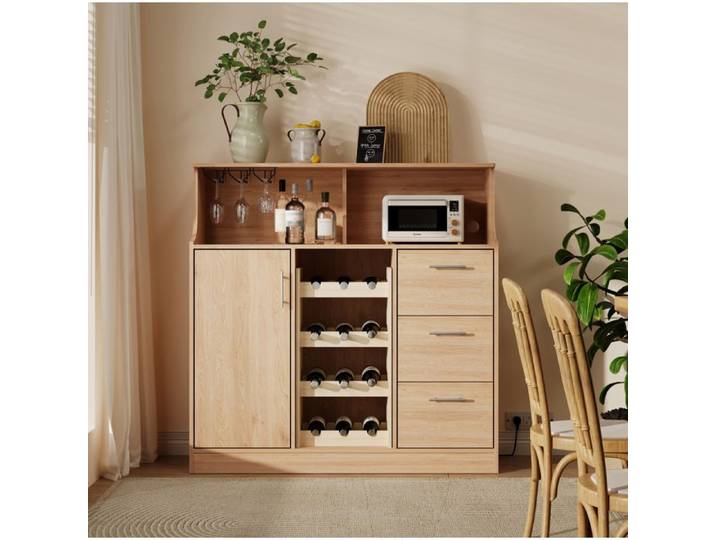 Buffet Meuble Bar avec Range-Bouteilles Range-Verres 3 Tiroirs LED et Prise Intégrée - ELVMI - Naturel et Blanc