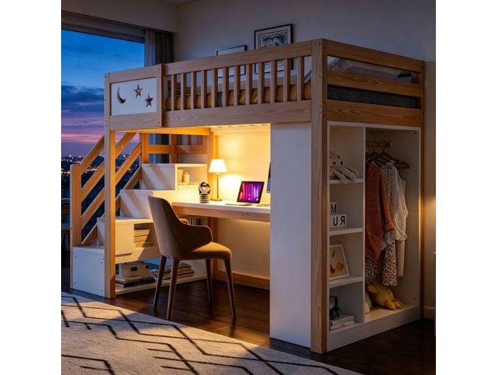 Luscriate - Lit mezzanine lit d'enfant 90x200 cm avec bureau LED prises étagères penderie - blanc+naturel
