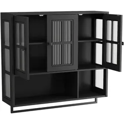 MODFU Wandhängeschrank Badezimmer 88x26x83 cm mit 3 Türen und Handtuchstange, MDF+Glas, Schwarz, offene+geschlossene Fächer, modern