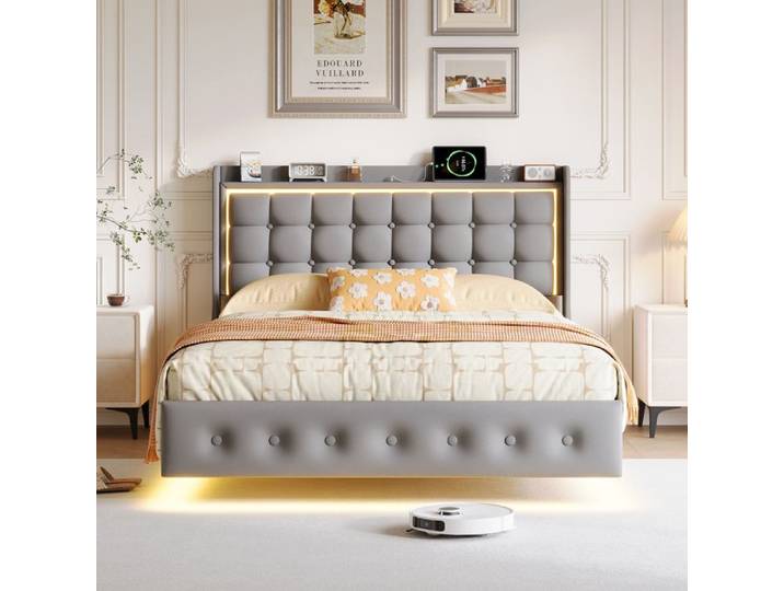 Lit Rembourré 160x200 cm avec USB LED Pied Invisible Design Flottant Tissu Velour Gris Sommier à Lattes Inclus sans matelas