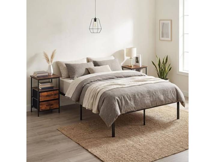 FurnitureR Schlafzimmer Set mit Metallbett 140x200 cm und 2 Nachttischen, Doppelbettgestell mit Lattenrost und 2 Beistelltischen mit Schublade, Industrial Design Bett & Nachtkommode Set