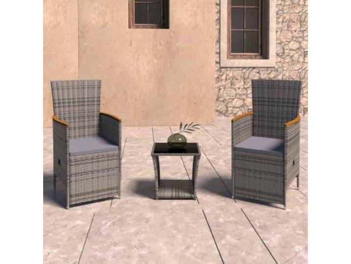 3-tlg. Poly Rattan Lounge-Set Grau mit Kissen Verstellbare Sessel, Glastisch, Ablage, waschbare Bezüge, bis 110 kg pro Sitz
