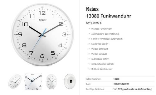 Mebus 13080 Funk Funkuhr 30cm Weiß Leisegang-Uhrwerk
