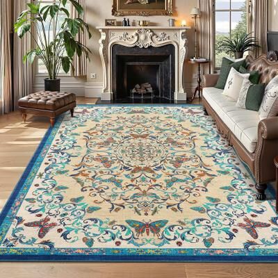 Garvee Vintage Butterfly Floral Washable Area Rug