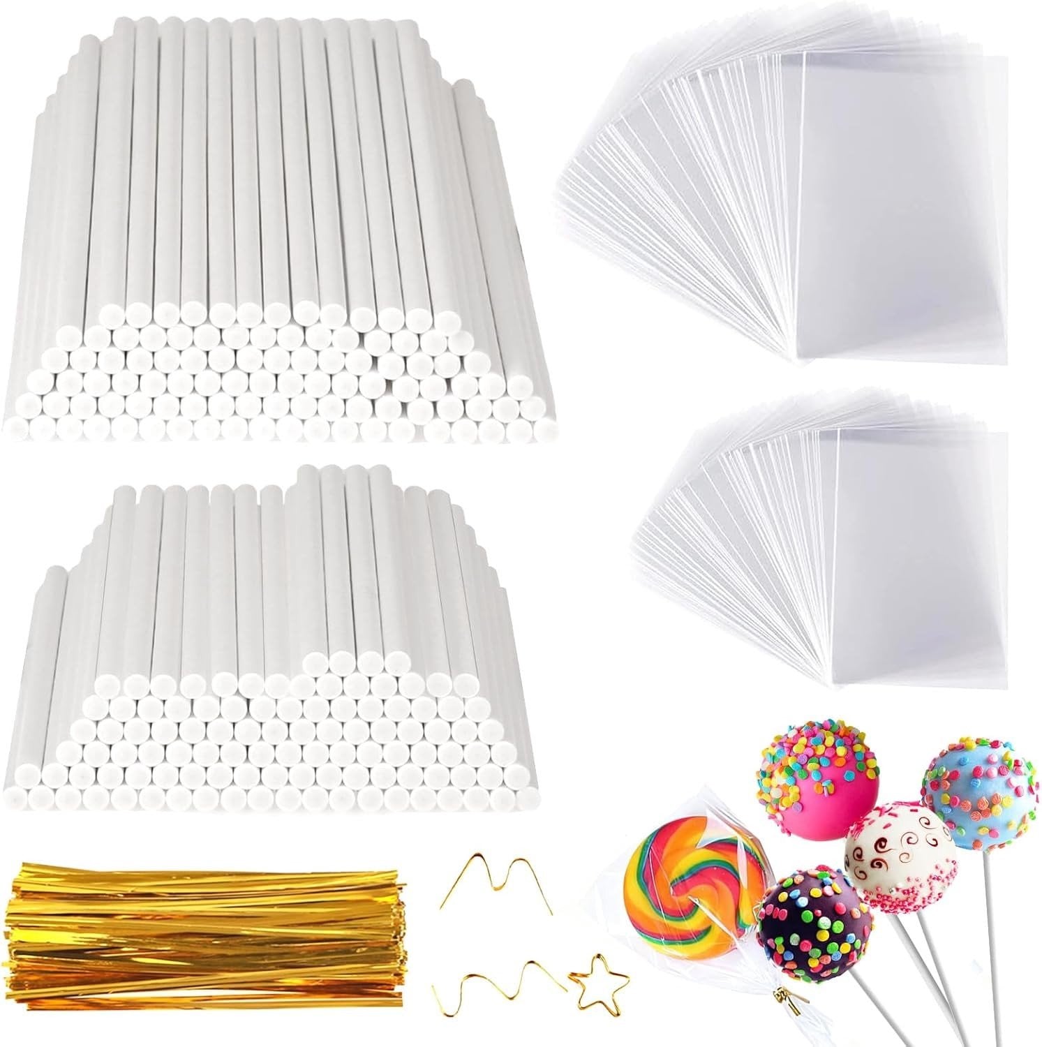 Complete Set voor Cake Pops en Lollipops met 200 Stokken, Candy Bags en Gouden Twist Tips voor Feestjes en Verjaardagen