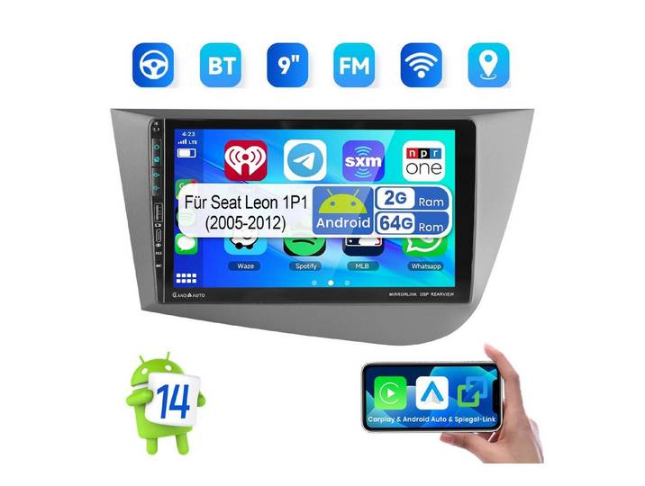 ESSGOO Für Seat Leon 1P1 2005-2012 Android 15 Autoradio Carplay GPS NMit USB Navigationsgerät (Carplay Android Auto Bluetooth EQ USB GPS Navi WIFI Touchscreen)