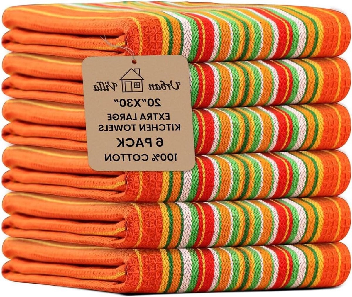 Set van 6 wafel gestreepte keukenhanddoeken - Oranje