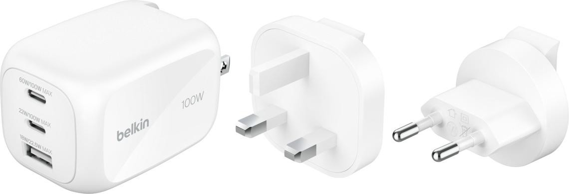 Belkin BoostCharge Pro 3-poorts GaN-oplader 100W met Reisadapterset - Wit