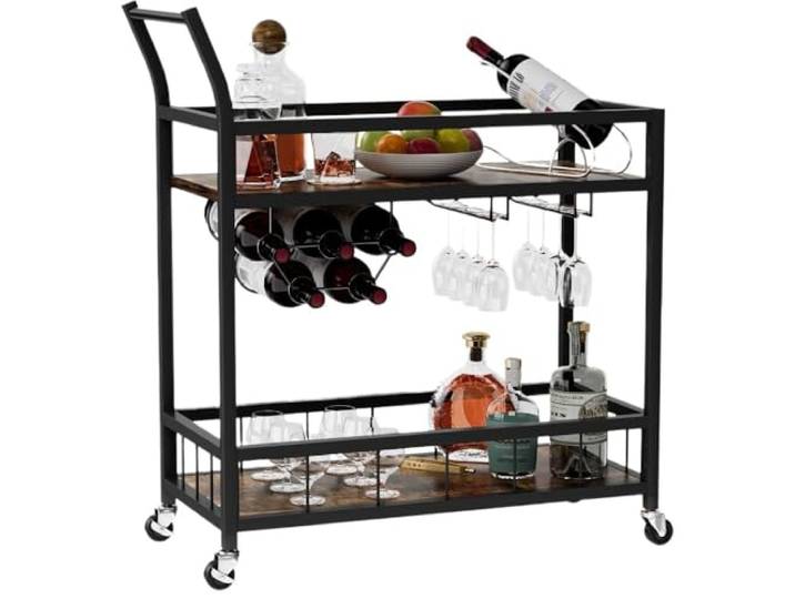 LIUCHUCHU Kreatives Weinregal Industrieller mobiler Barwagen, Servierwagen, Weinwagen, Glashalter, Lagerregale for Wohnzimmer, Küche, Party, Schwarz