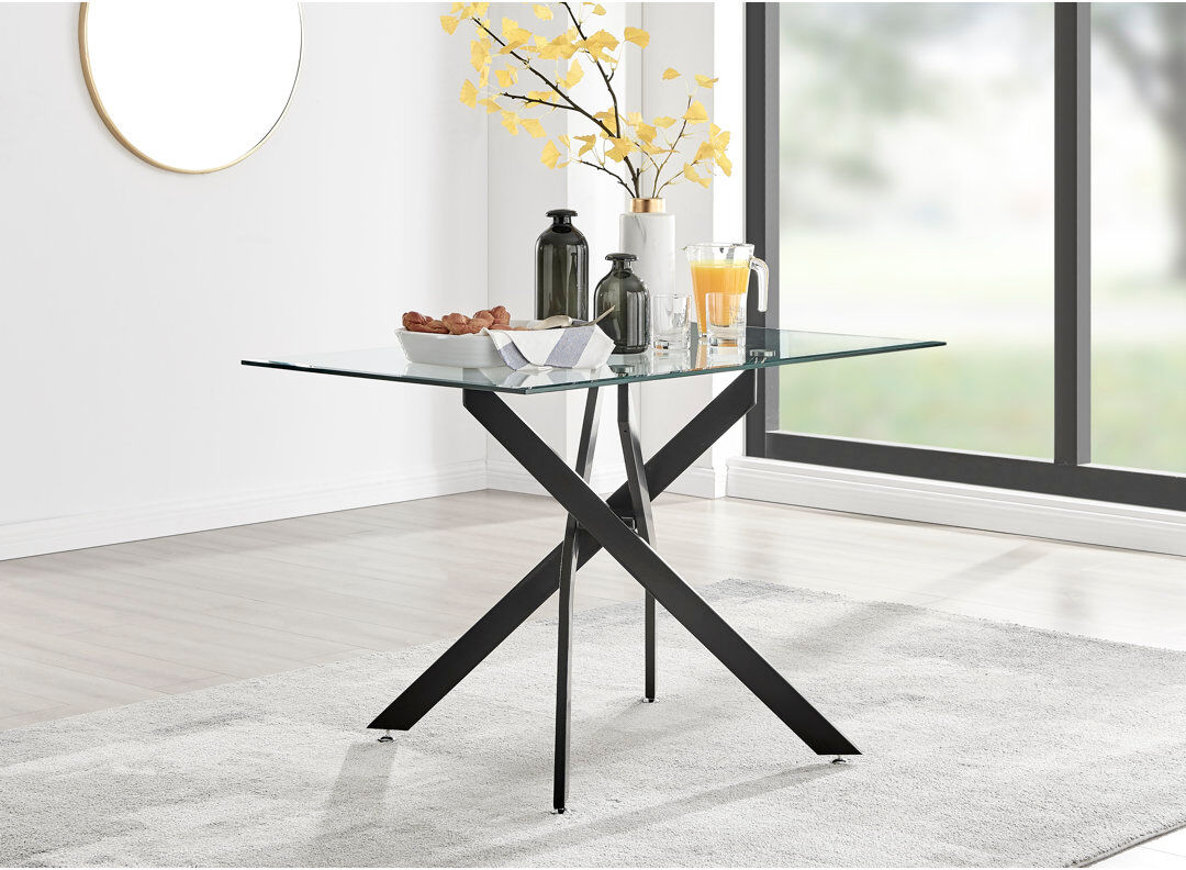 Canora Grey Lenworth Luxury Rectangular Dining Table in Glass and Chrome Metal - Modern Statement Design Black 75H x 120W x 70D