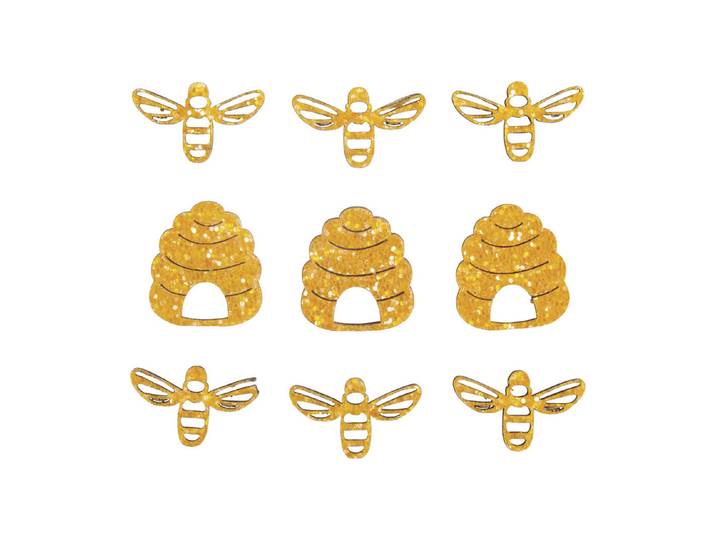 Holz-Streuteile Bienen+Bienenkorb, 3cm, m. Klebepunkt,sort., SB-Btl. 9Stück