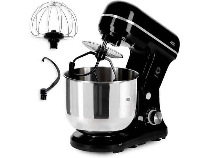 ADE Küchenmaschine KA2100-2, 1200 W, 5 l Schüssel, Planetenrührwerk, 6 Stufen, Pulsfunktion, Spritzschutz, 3 Aufsätze