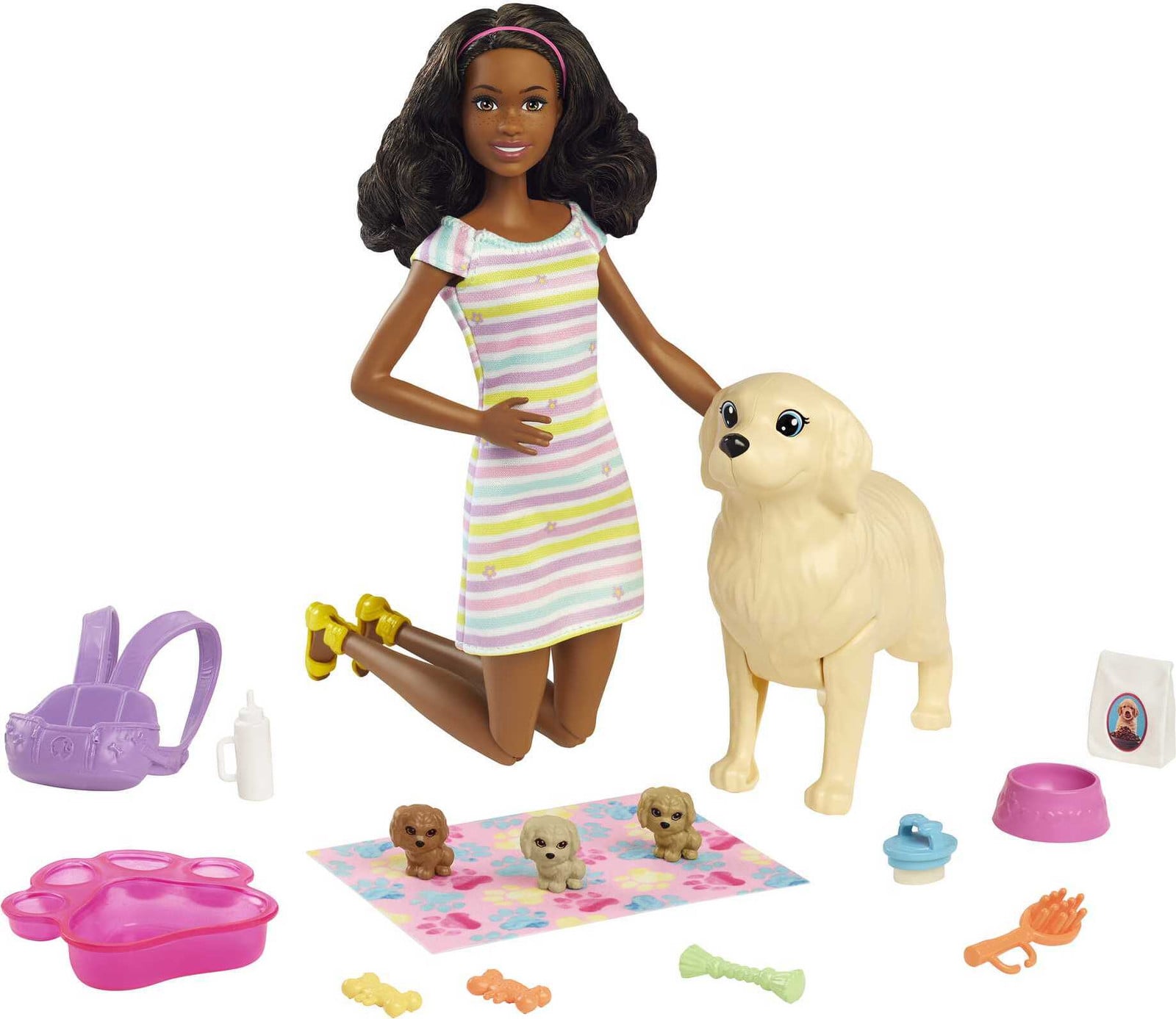 Barbie pop met bruin haar, hond en puppy inclusief accessoires