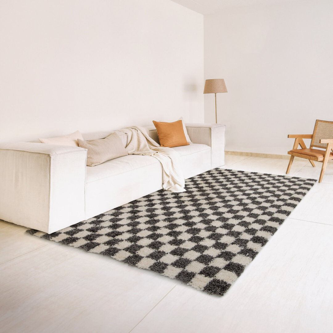 Ebern Designs Rennold Chequered Shag Area Rug Black Rectangle 200 x 290cm