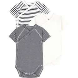 Petit Bateau 3er-Pack Wickelbodys kurzarm Uni Ringel, blau, 62