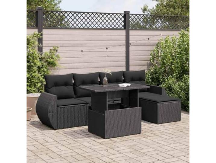 KTHLBRH Gartenmöbel-Set 6-teilig mit schwarzen Kissen aus Polyrattan Eckbank mit Hocker, verstellbarer Tisch, wasserdichter Behälter, lackierter Stahl