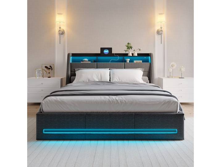 Lit Coffre 140x200 avec Led Lit Rembourré avec Port De Chargement USB Lit Rembourré Led Hydraulique Lit Capitonné avec Coffre Lin