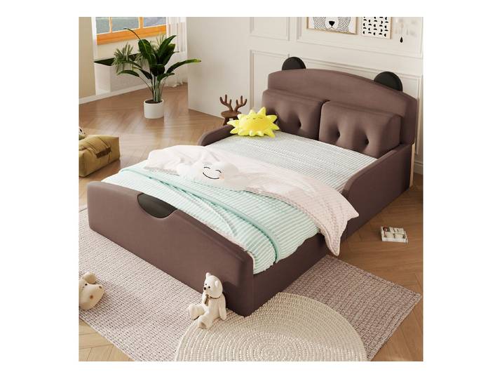 KEFEYA Polsterbett Kinderbett mit Leinenbezug (Bären-Kopfteil & 2 Zierkissen – für Kinderzimmer, Jugendzimmer & Gästezimmer, 1-tlg., 140x200cm)