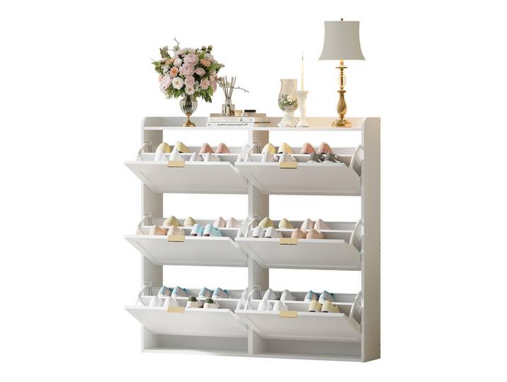 Redom Schuhschrank 120/23/118 cm mit 6 Klappfächern aus MDF und Spanplatte, platzsparend und staubgeschützt, Weiß, 120x118x23 cm, Garderobe, Schuhaufbewahrung, Schuhschränke