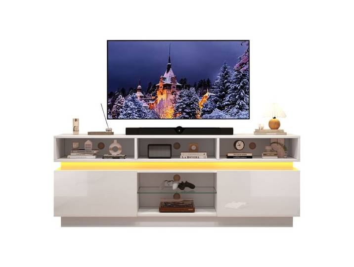 Meuble TV - HIBA - Meuble TV 160×35×60 cm Blanc Brillant - Plateau verre trempé - Éclairage LED pilotable - Pour TV 60 pouces