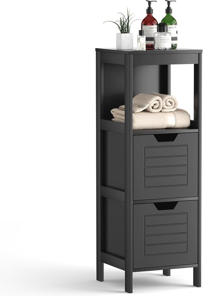 Moderne zwarte badkamerkast met 2 laden en deurtjes - Compacte houten badcommode