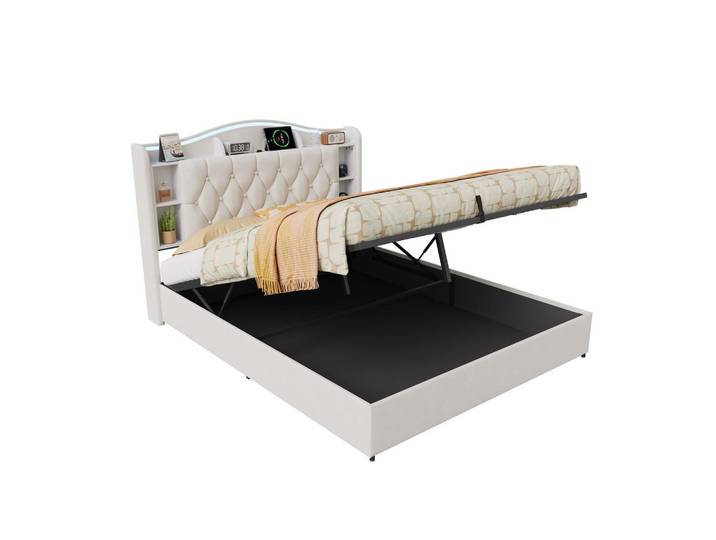 Shopentra Polsterbett 140/190 cm Beige mit Bettkasten und Kabellosem Laden, Holz, 140x190 cm, Schlafzimmer, Betten, Polsterbetten