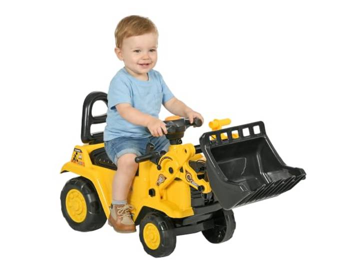 HOMCOM Sitzbagger mit Schaufel für Kinder 1,5-4 Jahre bis 30kg Gelb Schwarz Aufsitzbagger, Kinderbagger, Stauraum unter Sitz, Rutschauto, Spielzeugbagger zum Sitzen, Draufsitzen