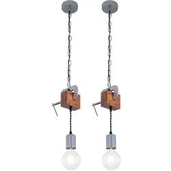 Hängeleuchte Holz Esstischlampe hängend Retro Deckenleuchte Vintage, Schraubzwinge Metall verzinkt, 1x E27 Fassung, LxH 14x120 cm, 2er Set