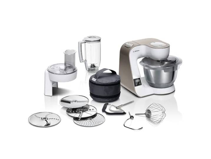 Bosch Küchenmaschine Serie 4, integrierte Waage, Mixer 1,25 L, Edelstahl-Schüssel 3,9 L, Profi-Knethaken, Schnee-, Silikonbesen, Durchlaufschnitzler, 4 Scheiben, 1000 W, weiß, MUM5XW20