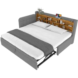 OKWISH Multifunktionales Tagesbett 90x200 cm mit Ausziehbett, Kopfteil mit USB & Typ C Ladeanschlüssen, Retro Stil, Stauraum –Grau
