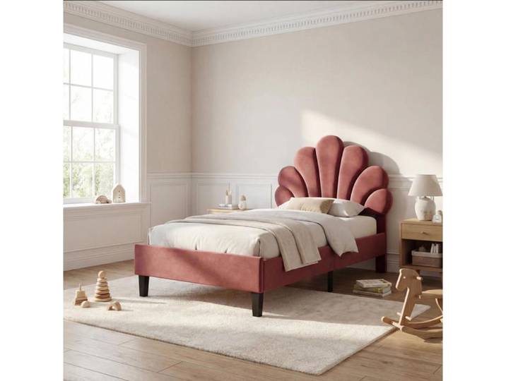 Lit enfant - URBANLUXE - Modèle Pétale - Velours bordeaux - 90x200 cm - Tête capitonnée