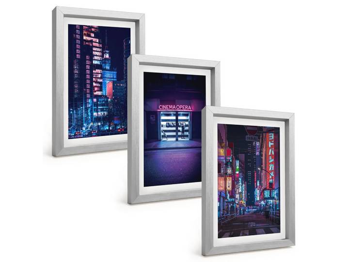 BILDER SET 3er Set - 20x30 cm Silberner Rahmen - Neon-Eingang zur nächtlichen Stadt