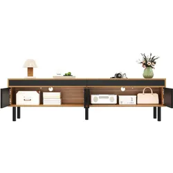 OKWISH TV-Schrank 170x38x47 cm mit 4 Türen, Massivholzbeine, geräumiger Stauraum, Streifendetails, Türöffner, modernes Wohnzimmermöbel, Schwarz+Natur