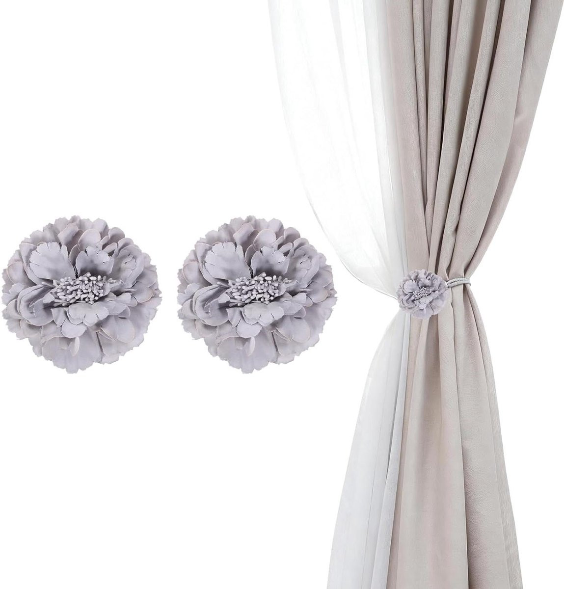 Grijs Gordijn Tiebacks met Kunstbloem Decoratie - 12,5 cm