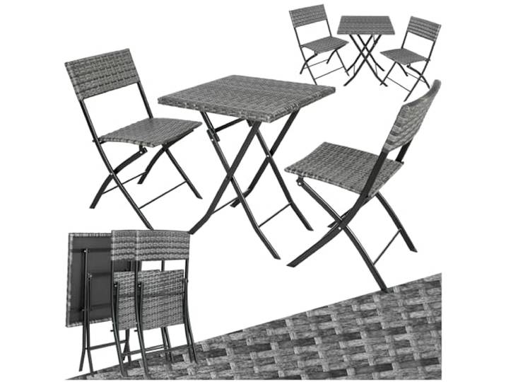 tectake® Rattan Balkon oder Garten Bistro Möbel Set, Sitzgruppe mit 2 Stühlen und 1 Kleiner Esstisch, platzsparend klappbar, Gartenmöbel, Balkonmöbel Kleiner Balkon - grau