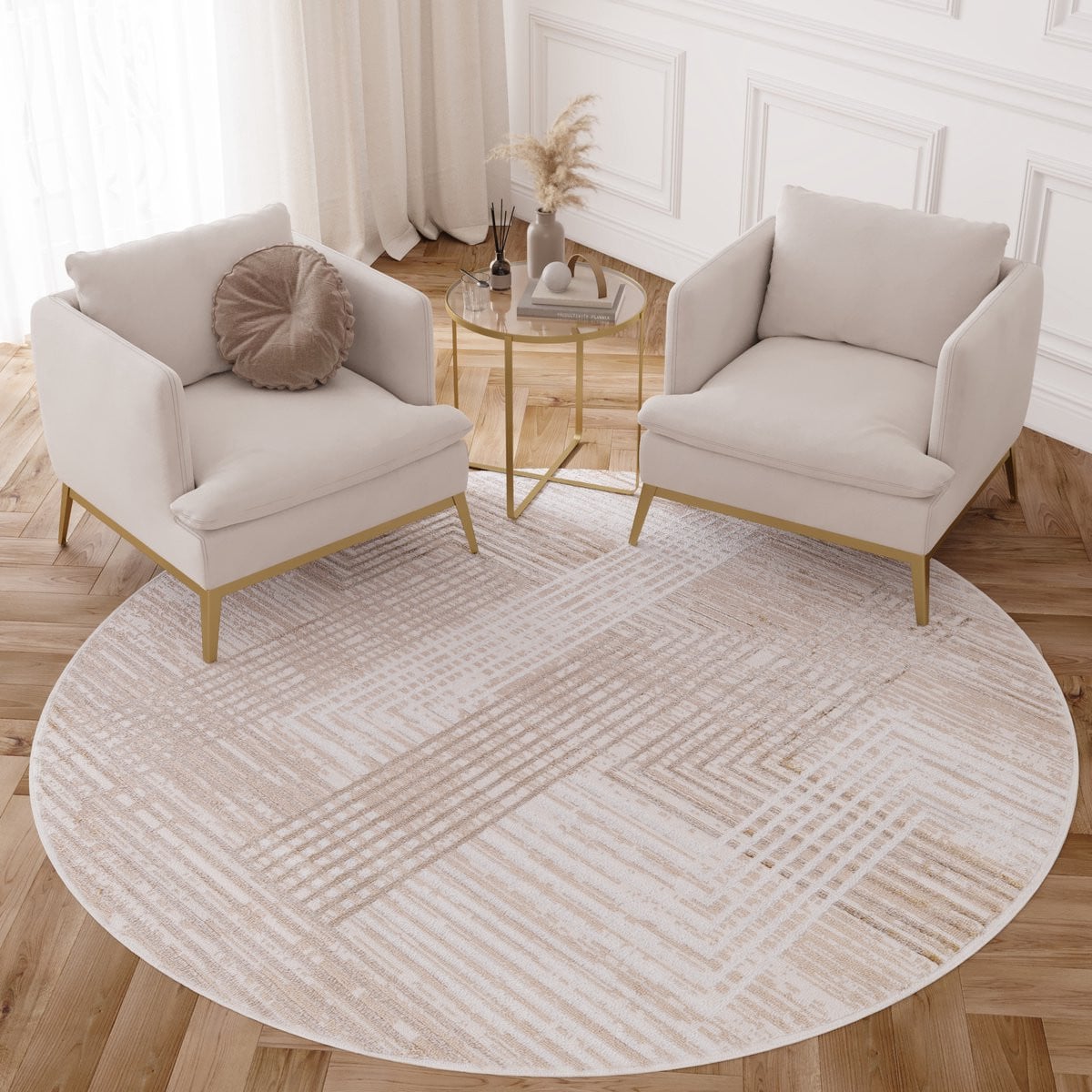 Tapiso Crystal Rond Vloerkleed Beige met Lijnen, Laagpolig, Diameter: 80 cm