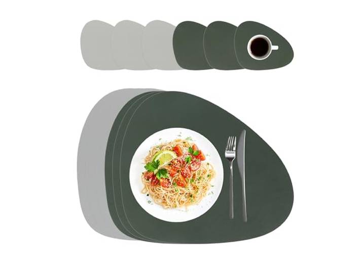 Relaxdays Set de 6 napperons ovales avec Dessous de Verre\, Gris/Vert similicuir\, 30 x 40\,5 cm\, nettoyables