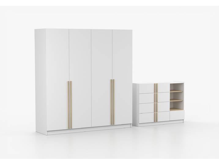 Drehtürenschrank und Kommode 2er-Set SEVILLA 4D/SEVILLA 5S Weiß Weiß