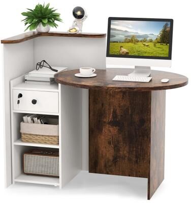 Front Reception Counter Office Desk w/ Open Shelf Lockable Drawer