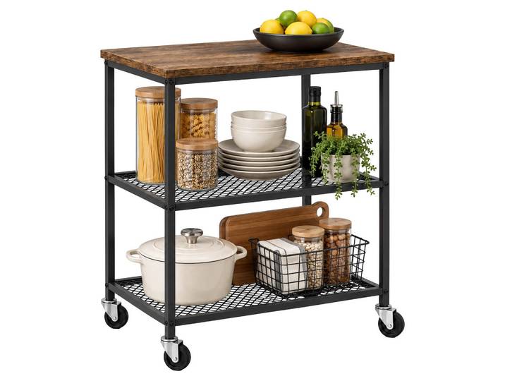 Relaxdays Küchenwagen Vintagebraun Schwarz 3 Ebenen Rollen, Metall, Holzwerkstoff, 40x77.5x60 cm, Esszimmer, Servierwagen