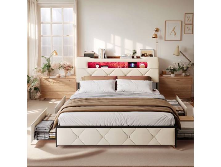 Lit 140x190 CM avec 4 Tiroirs - Tête de lit avec rangement USB LED -litcoffre 140x190 coffre -Lit 140x190 avec Sommier-Velours beige