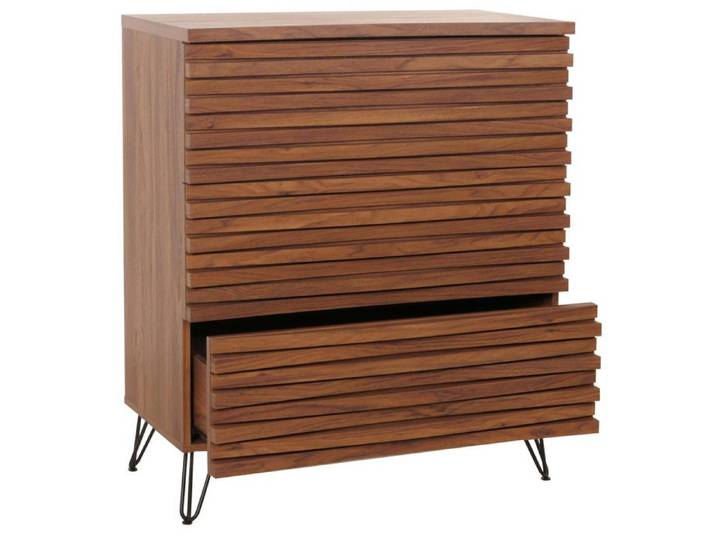 Commode HWC-M49 Buffet armoire Highboard design 3D 3 tiroirs bois massif mangue métal 94x80x45cm - aspect noyer