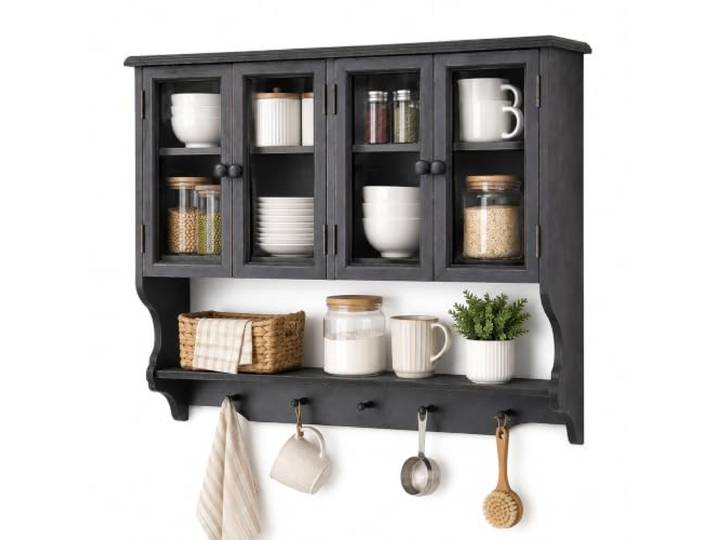 JSWHYBD Wandhängeschrank aus Holz, rustikaler Küchen- & Badezimmerschrank Vitrinenschrank mit Ablage und Haken für Coffee Bar, Bad, Flur, WC und kleine Räume(Black)