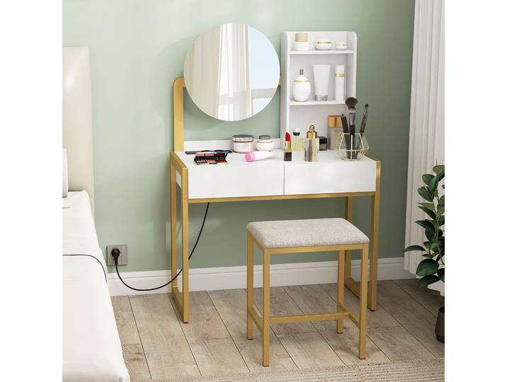 HOMCOM Coiffeuse Blanche avec Miroir, Tabouret, 2 Tiroirs, Étagères