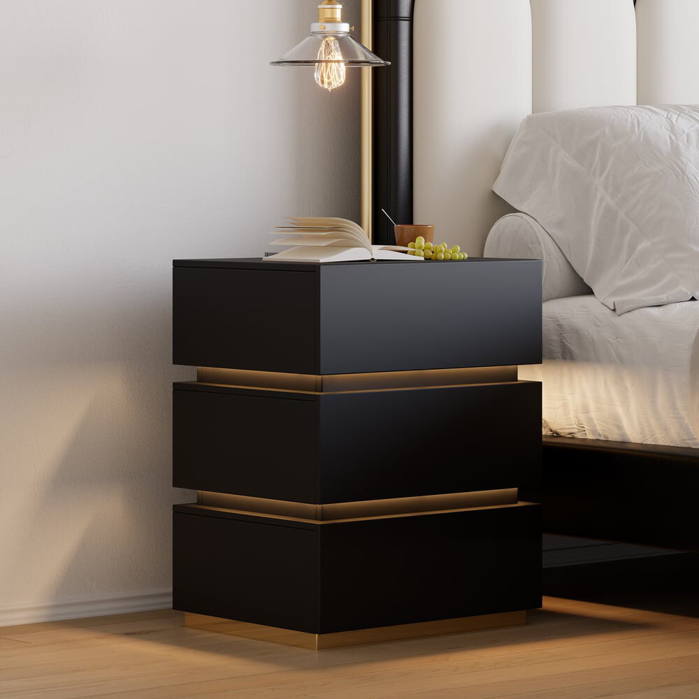 Metro 3-Drawer LED Smart Black Beside Table with Wireless Charger Black 60.5cm H X 50cm W X 40cm D