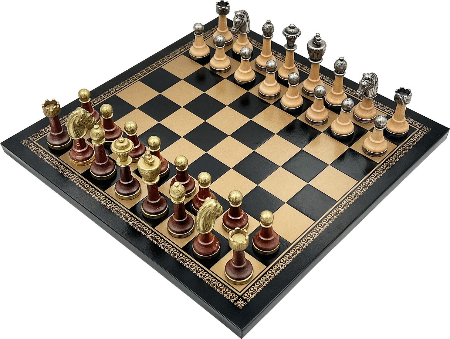 Italienische Schachfiguren Klasse Metall/ Holz + Schachbrett Aus Kunstleder Gold/ Schwarz 33