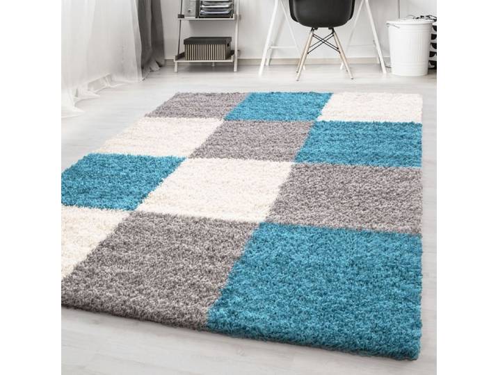 Tapis - NAZAR RUGS - ODDA - Shaggy - Damier - Turquoise - 160x230 cm